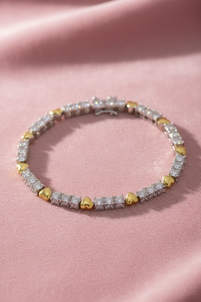Crystal Heart Tennis Bracelet – Gold &amp; Silver Two-Tone