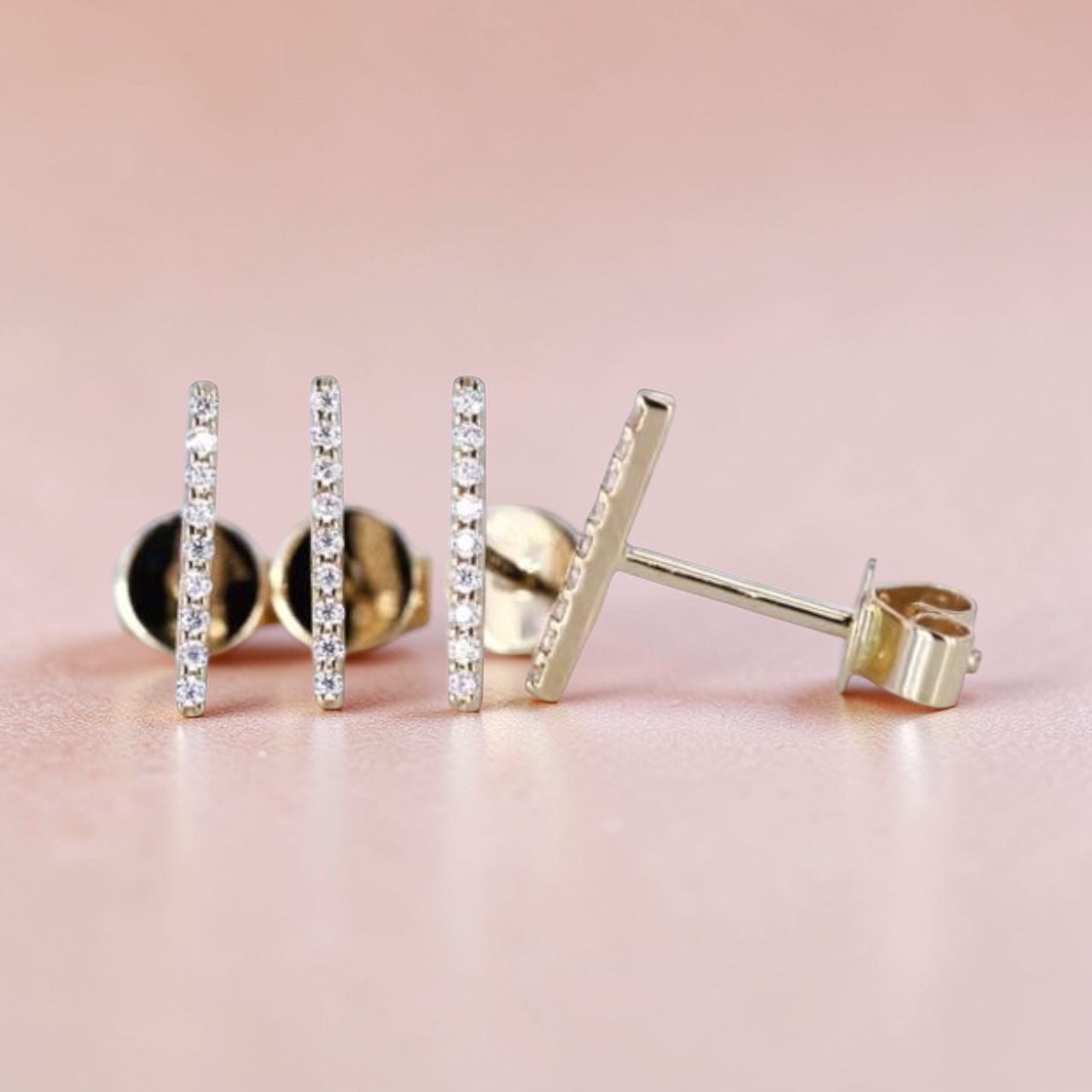 Pavé Crystal Bar Stud Earrings – 925 Sterling Silver & Gold