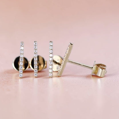 Pavé Crystal Bar Stud Earrings – 925 Sterling Silver & Gold