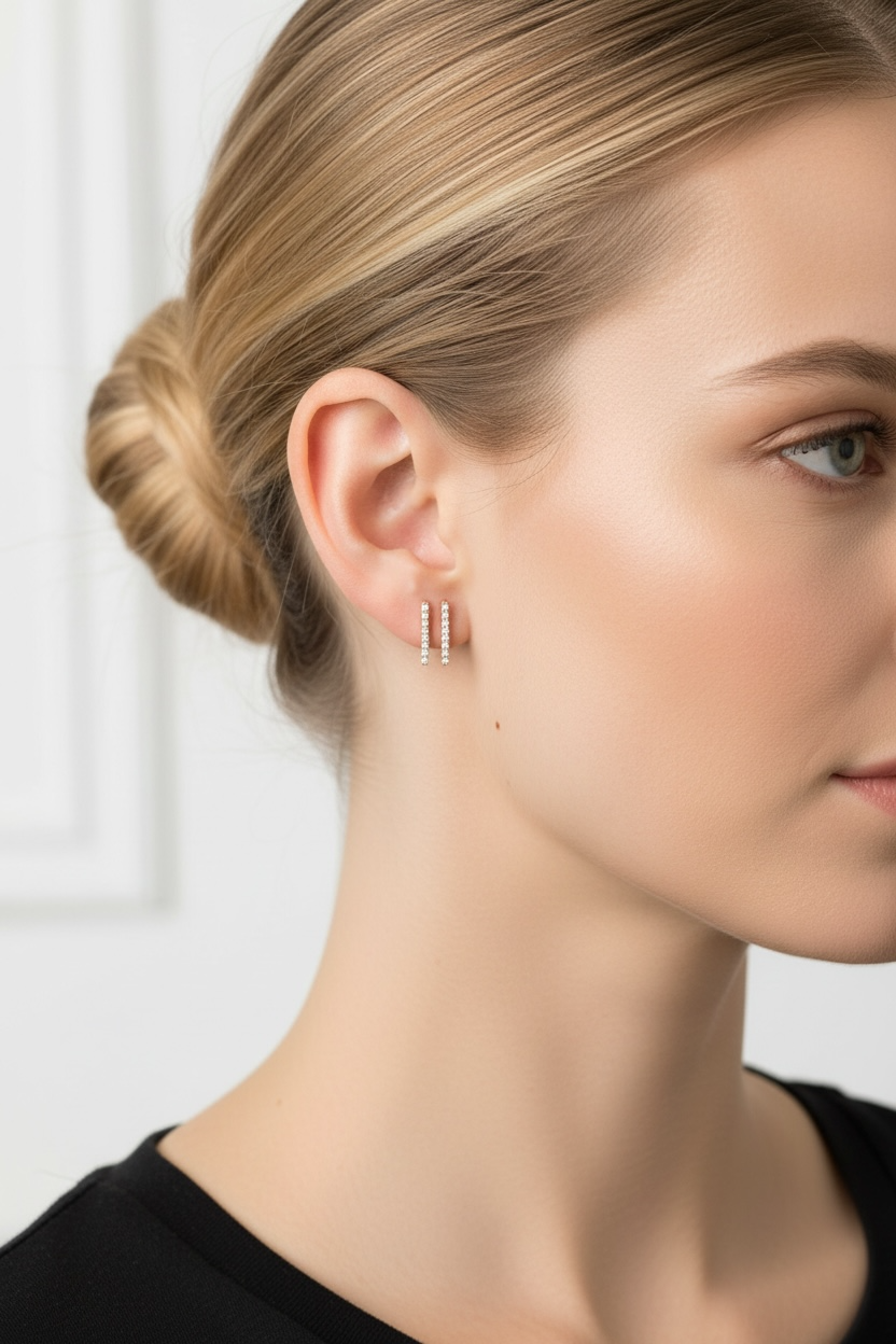 Pavé Crystal Bar Stud Earrings – 925 Sterling Silver & Gold
