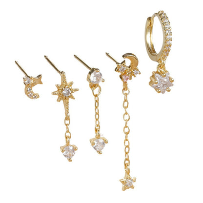 Five-piece Earings Set Chain Star Moon